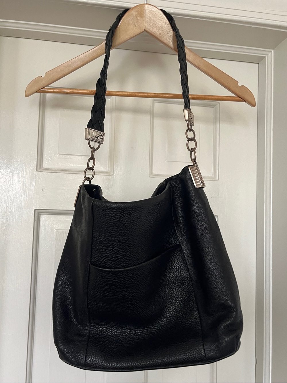 Vintage Brighton Black Pebbled Leather Shoulder Bag with Silver Hardware